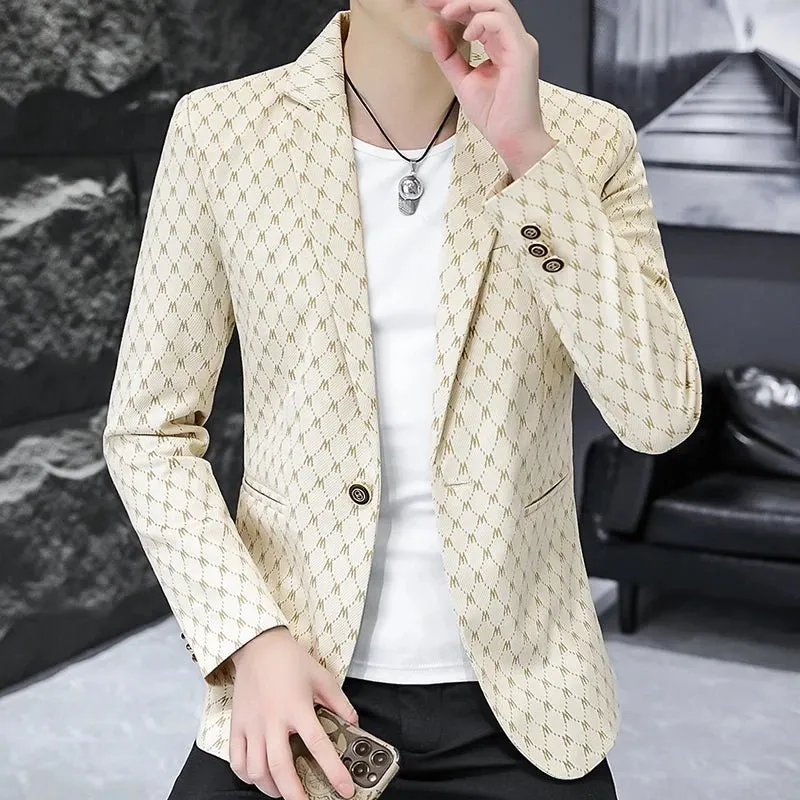 Korean Letter Print Men Blazers Brand 2024 Spring Casual Business Suit Jackets Slim Fit Street Wear Social Jacket Men Clothing