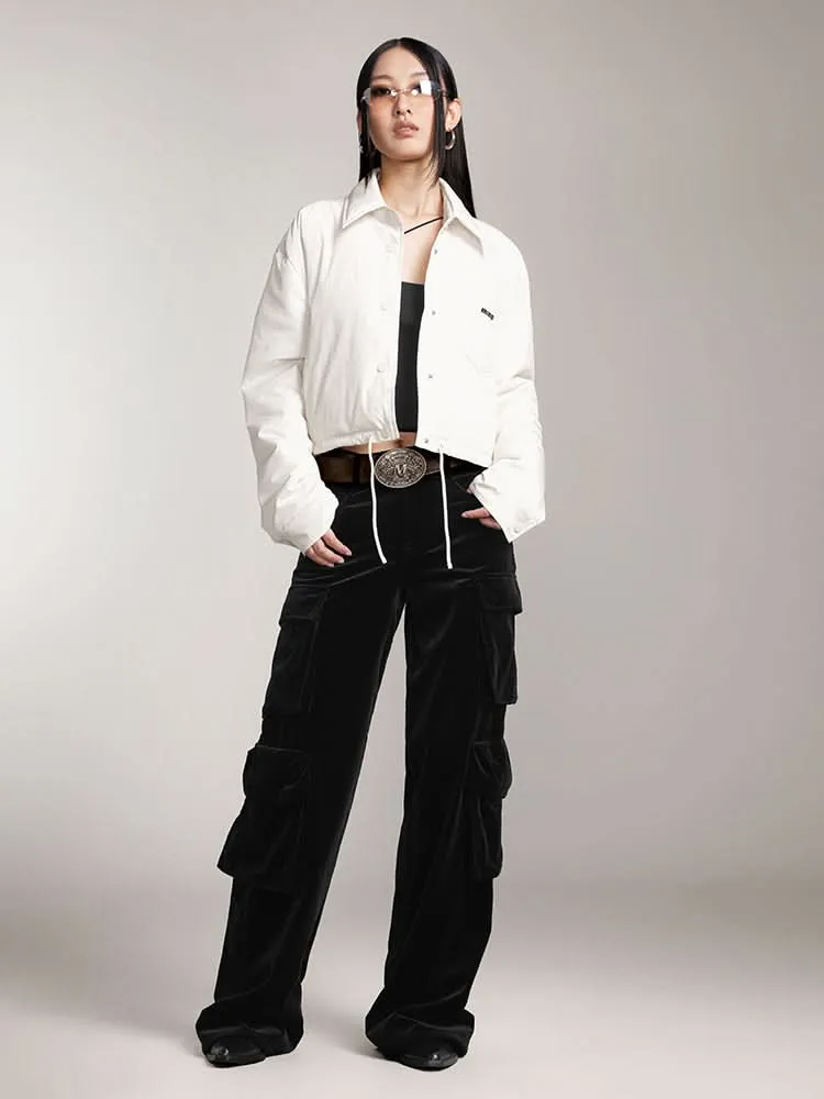 Lapel Cropped Down Jacket With Printed