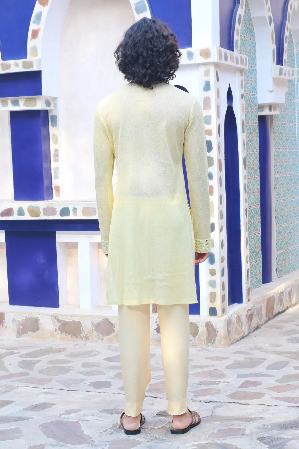 Lemon Yellow Mirror Kurta With Mirrored Stawl And Pants