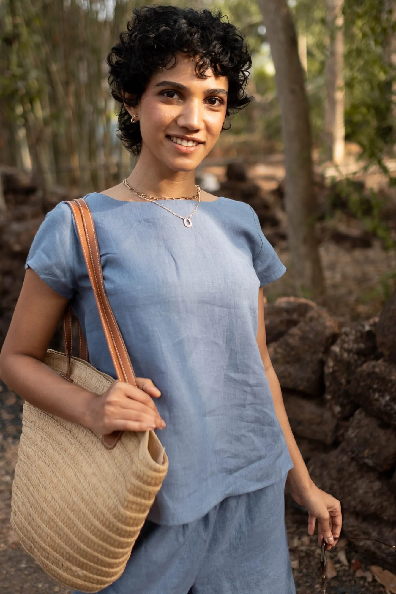 Linen Co-ord Set with Boat Neck Top and Oversized Pants