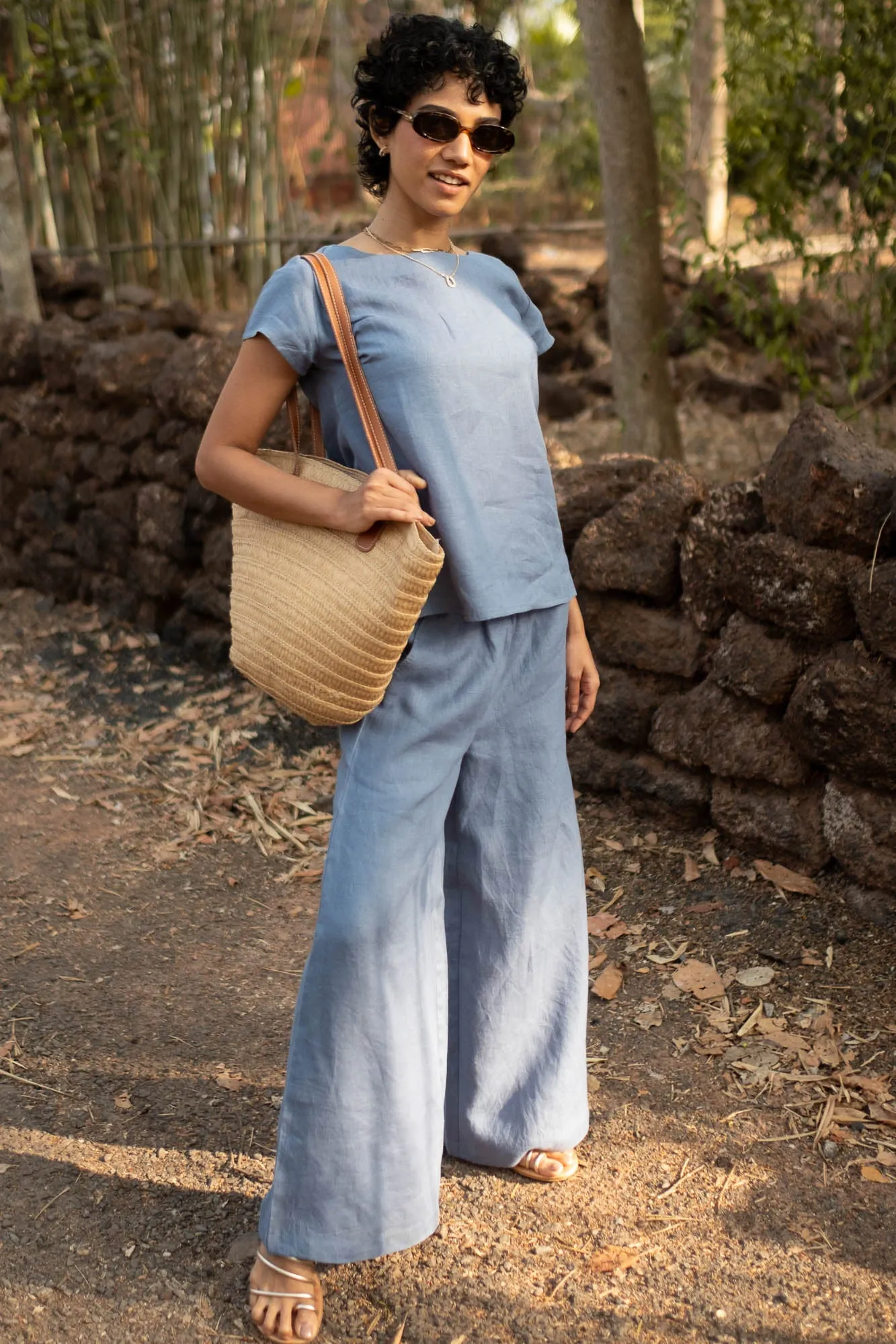 Linen Co-ord Set with Boat Neck Top and Oversized Pants