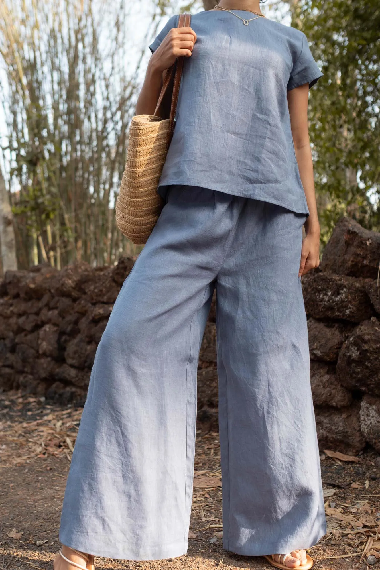 Linen Co-ord Set with Boat Neck Top and Oversized Pants
