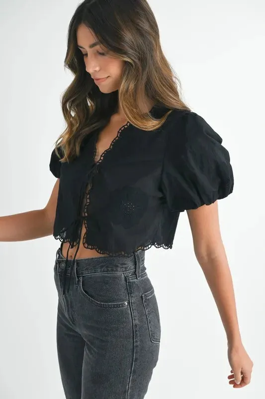 MABLE Embroidered Short Bubble Sleeve Crop Top