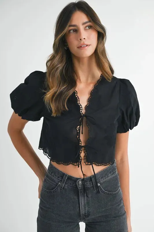 MABLE Embroidered Short Bubble Sleeve Crop Top