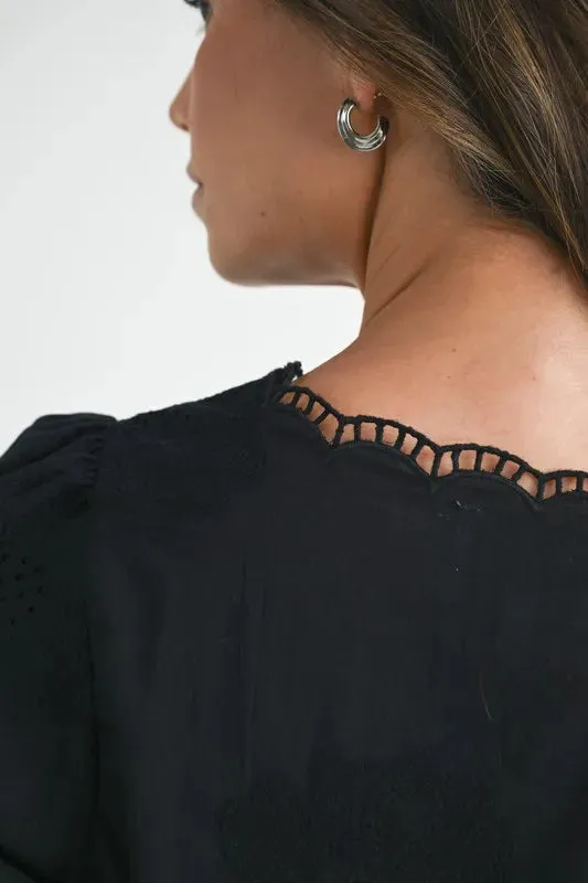 MABLE Embroidered Short Bubble Sleeve Crop Top