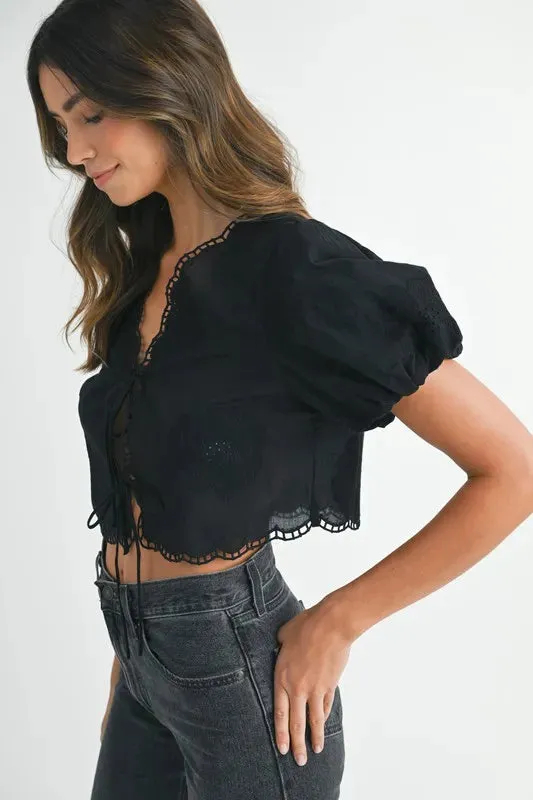 MABLE Embroidered Short Bubble Sleeve Crop Top