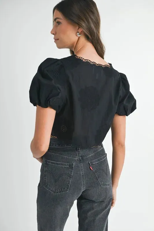MABLE Embroidered Short Bubble Sleeve Crop Top