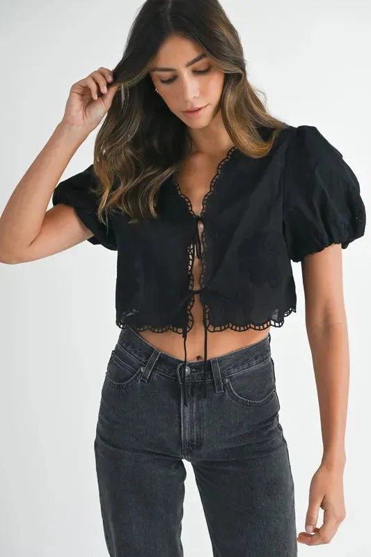 MABLE Embroidered Short Bubble Sleeve Crop Top
