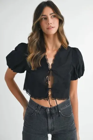 MABLE Embroidered Short Bubble Sleeve Crop Top