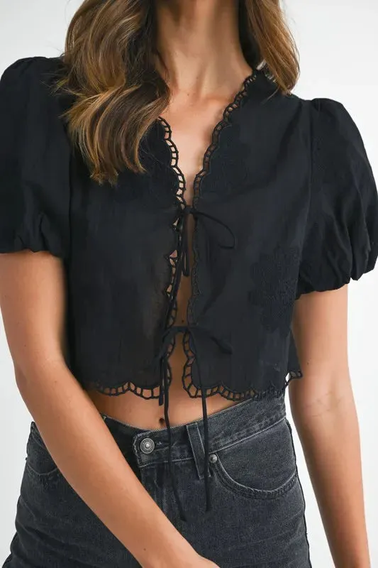 MABLE Embroidered Short Bubble Sleeve Crop Top