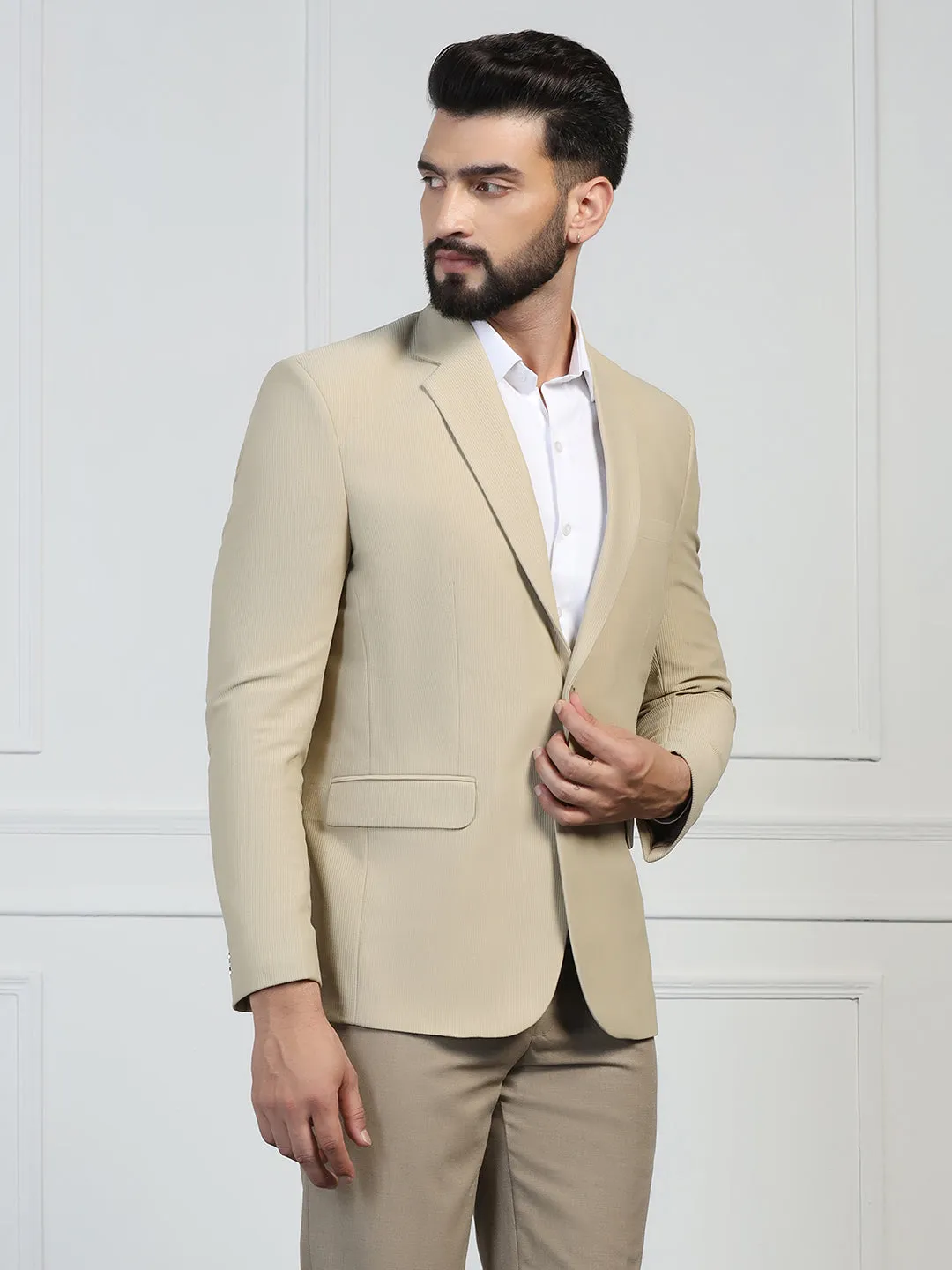 Men Corduroy Beige Blazer