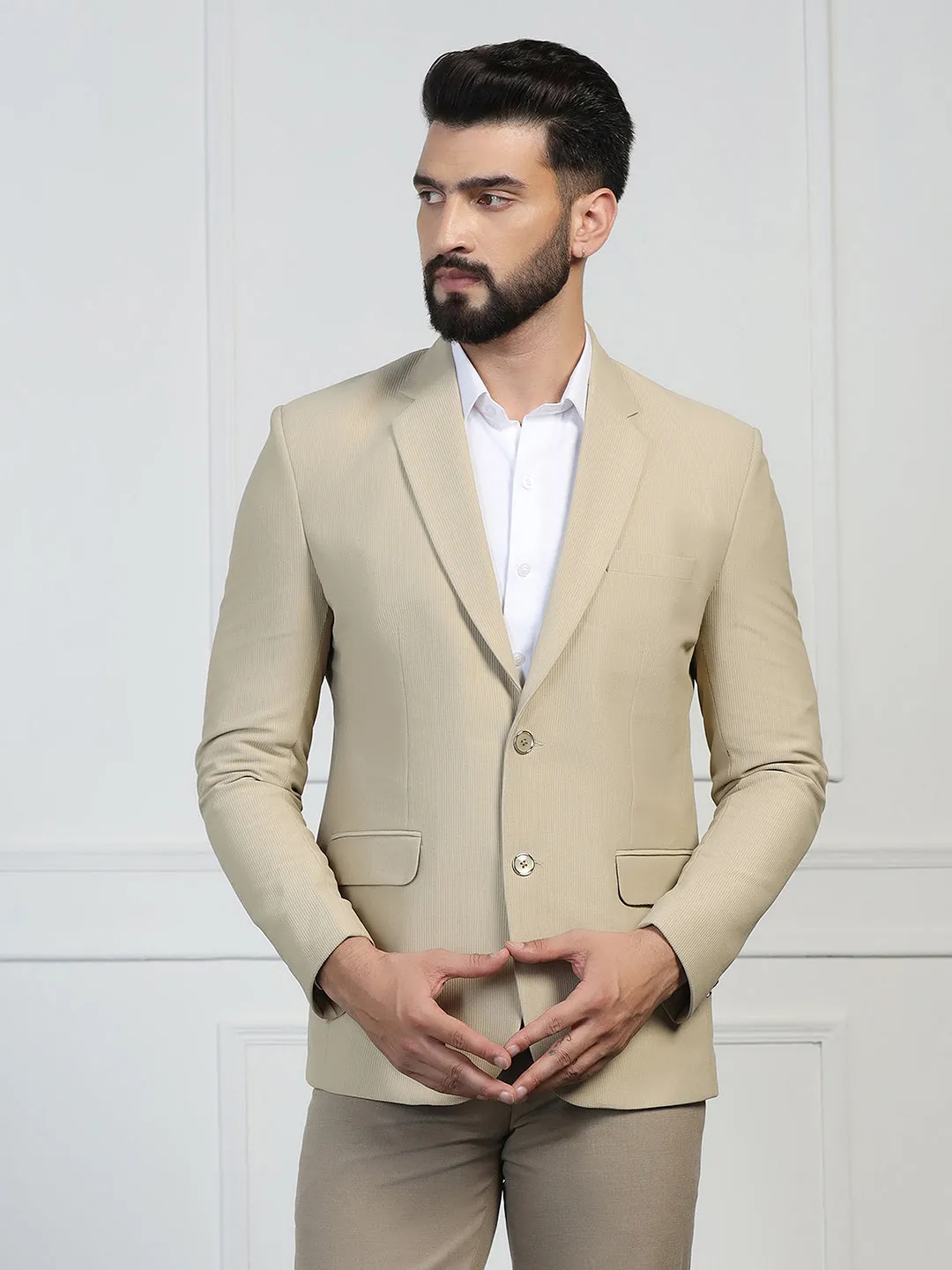 Men Corduroy Beige Blazer