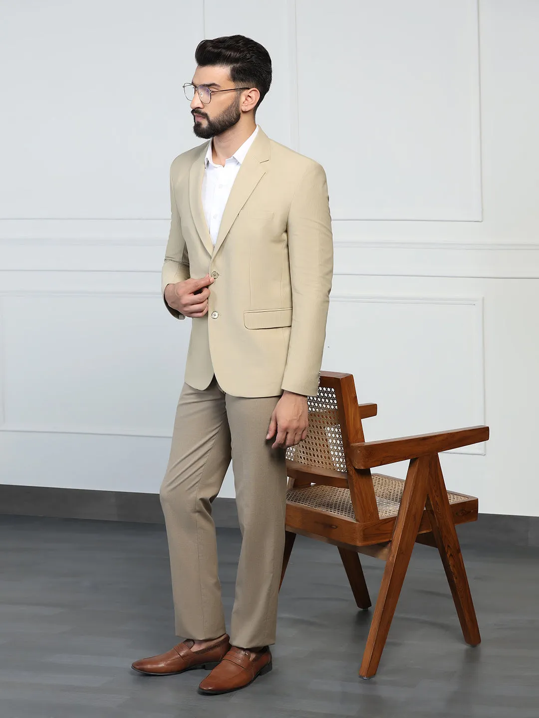 Men Corduroy Beige Blazer