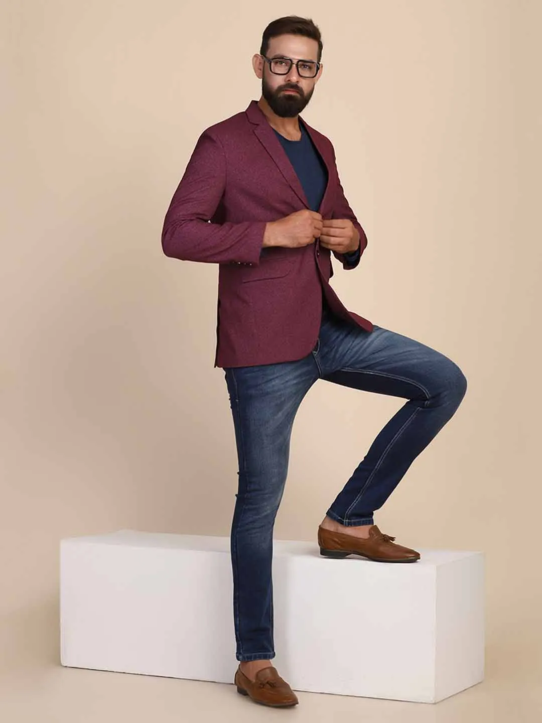 Men Suede Maroon Blazer