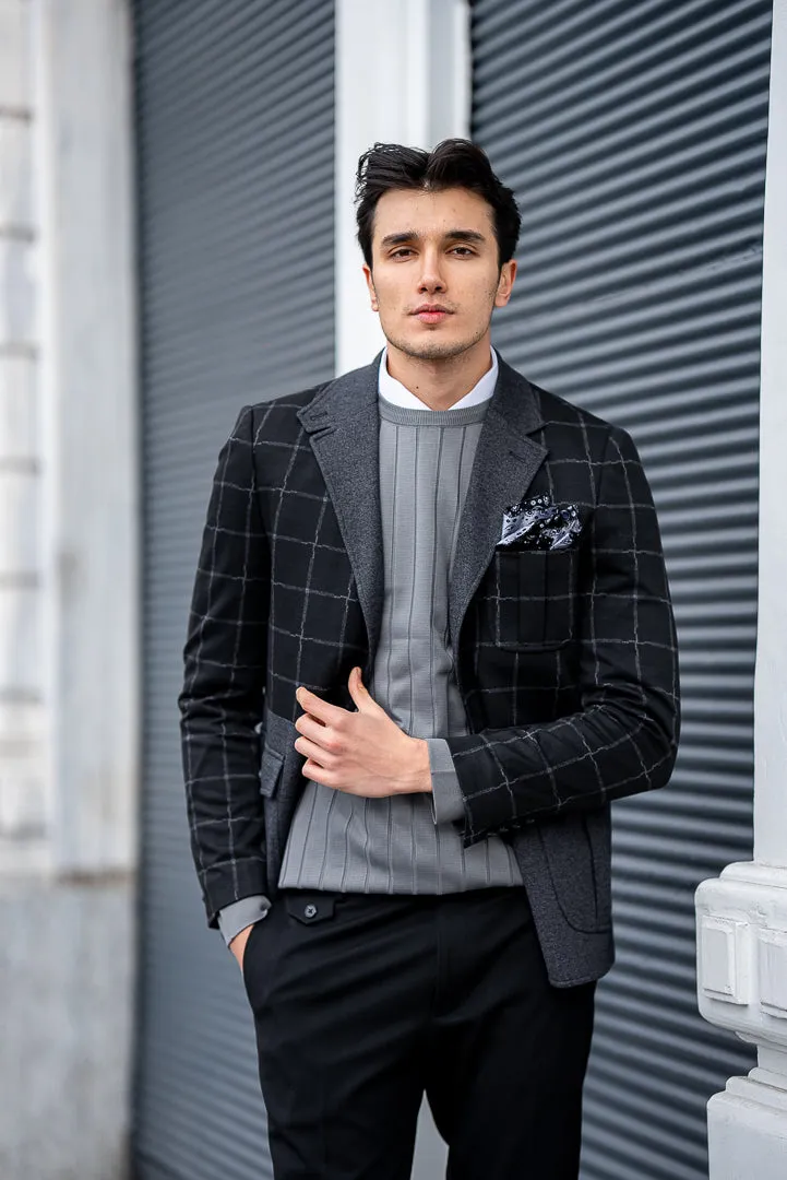 Men's Black Check And Grey Slim Fit Blazers