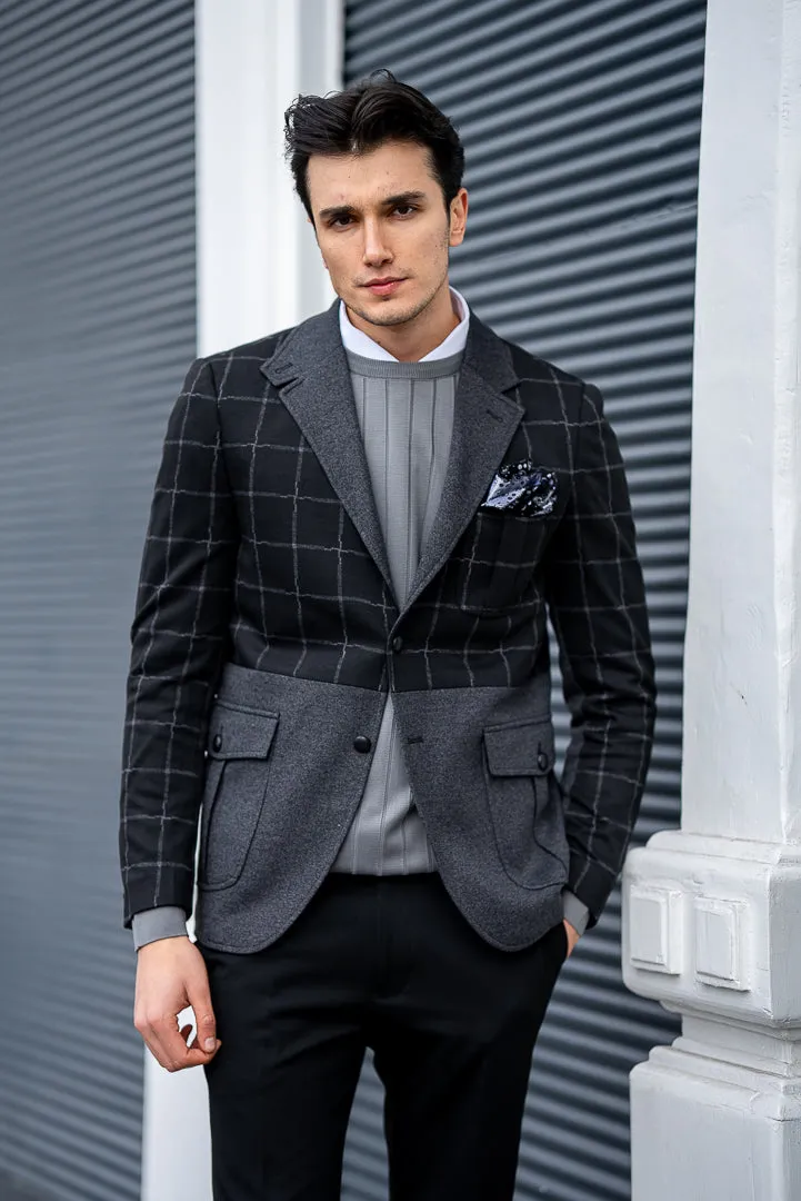 Men's Black Check And Grey Slim Fit Blazers