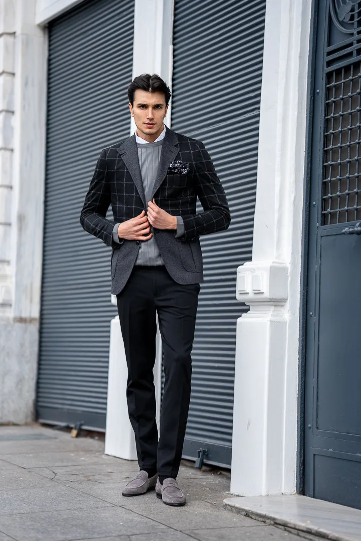 Men's Black Check And Grey Slim Fit Blazers