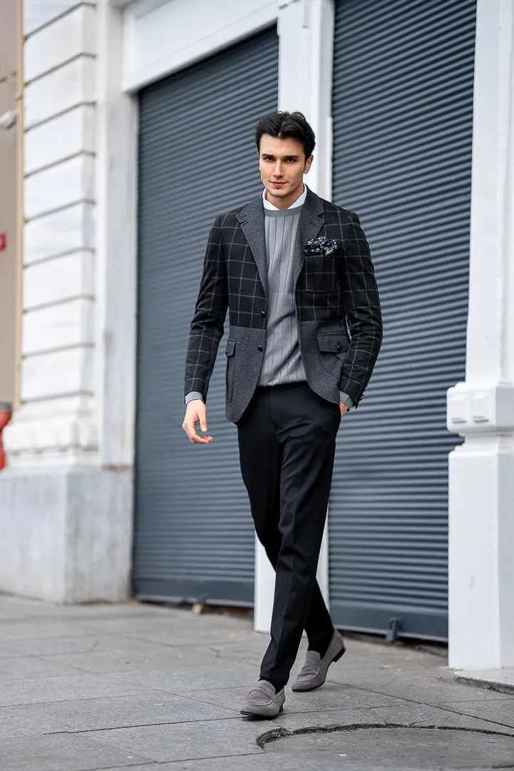 Men's Black Check And Grey Slim Fit Blazers