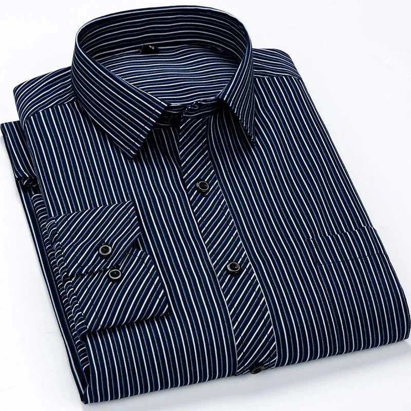 Mens Casual Business Long Sleeved Shirt Classic Plaid Striped Male Social Dress Oversized Shirts
