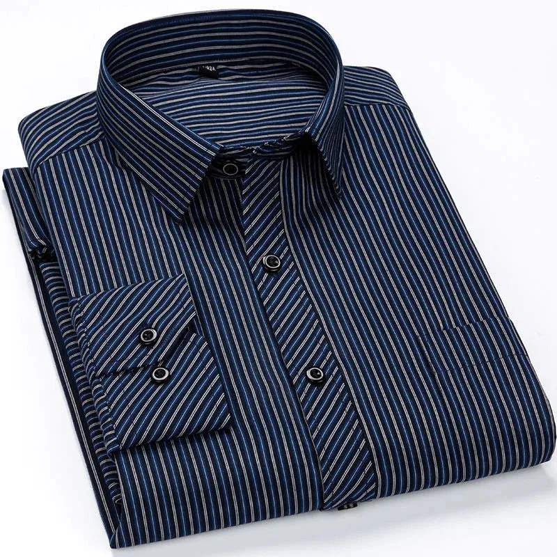 Mens Casual Business Long Sleeved Shirt Classic Plaid Striped Male Social Dress Oversized Shirts