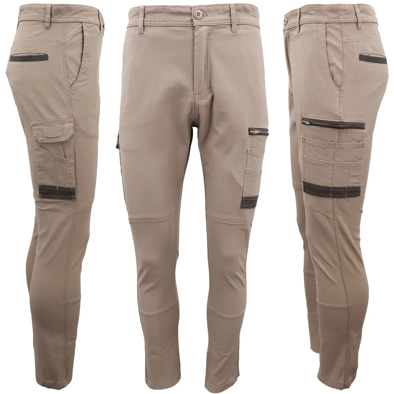 Men's Cotton Drill Cargo Work Pants UPF 50  13 Pockets Tradies Workwear Trousers, Khaki, 38