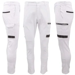 Men's Cotton Drill Cargo Work Pants UPF 50  13 Pockets Tradies Workwear Trousers, White, 38