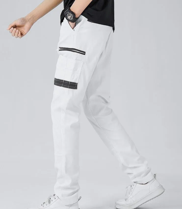 Men's Cotton Drill Cargo Work Pants UPF 50  13 Pockets Tradies Workwear Trousers, White, 38