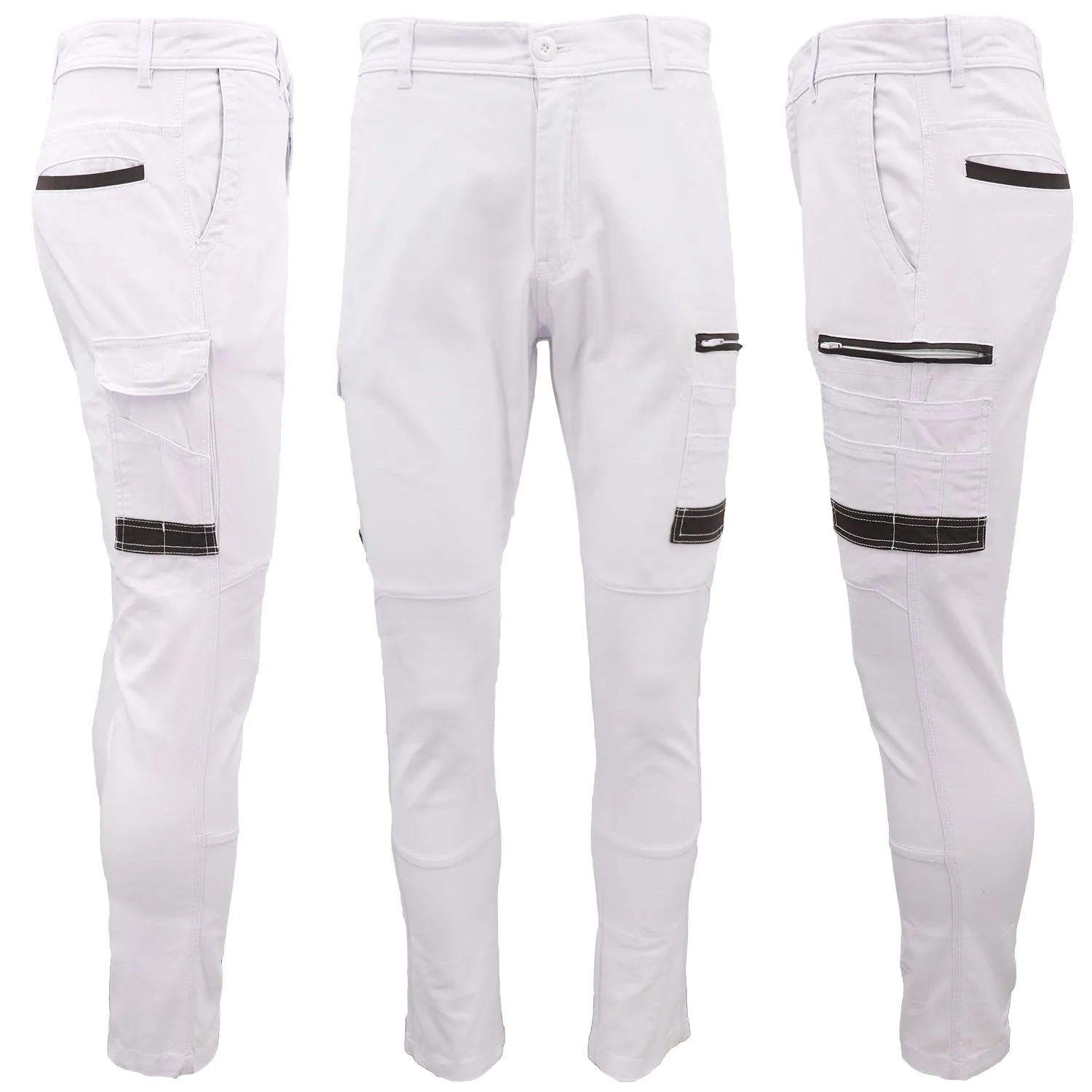 Men's Cotton Drill Cargo Work Pants UPF 50  13 Pockets Tradies Workwear Trousers, White, 38