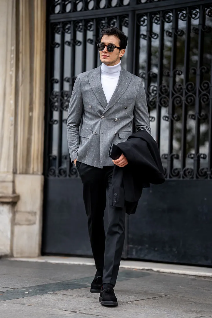 Men's Grey Striped Double Breasted Blazers