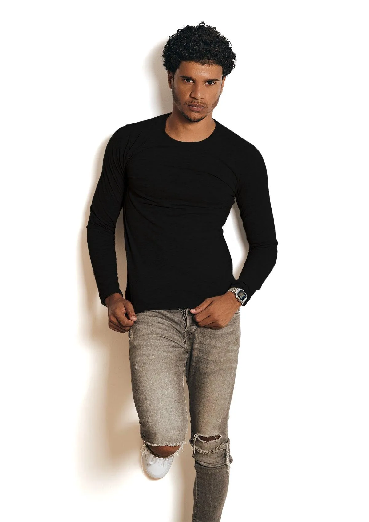 Mens T-Shirts Long Sleeve Crew Neck Midnight Black Tri-Blend