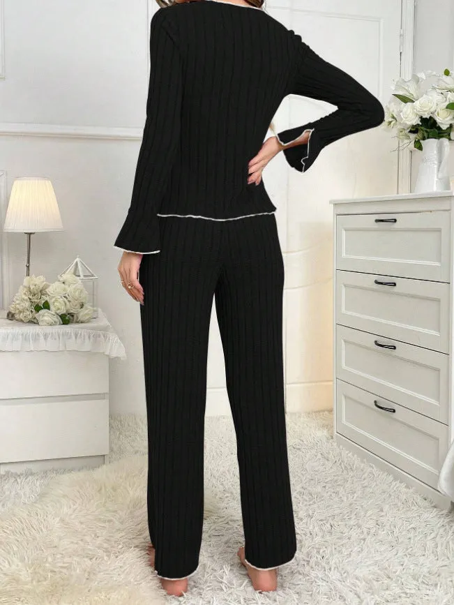 New Two-Piece Autumn and Winter Simple Casual Pajamas Home Wear Set, Home Clothes with Long Pants and Long Sleeves. C-241029-2