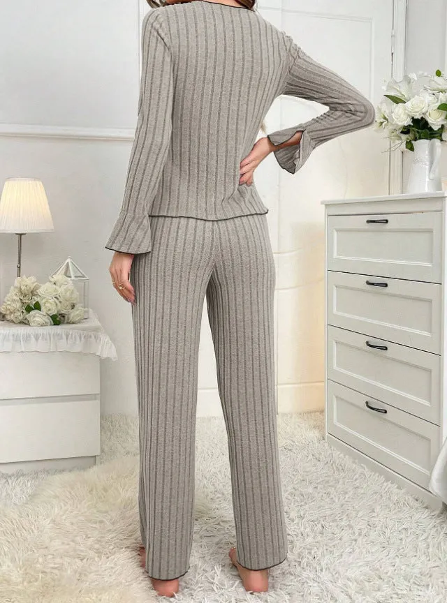 New Two-Piece Autumn and Winter Simple Casual Pajamas Home Wear Set, Home Clothes with Long Pants and Long Sleeves. C-241029-2