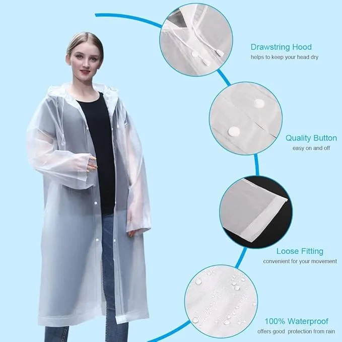 OSDUE Rain Ponchos for Adults Reusable, 2 Pcs Raincoats Emergency for Women Men with Hood and Drawstring, Waterproof Rain Coats Perfect for Camping, Hiking and Travel Outdoor (White)