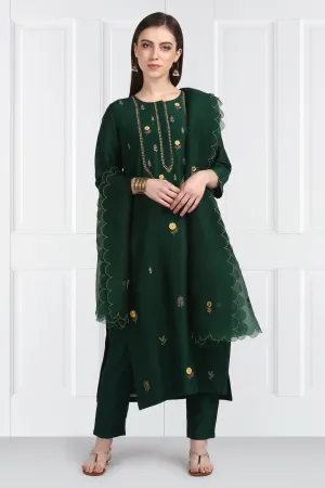 Panna Resham Yoke Zari Floral Buti Kurta With Chanderi Silk Pants and Dupatta