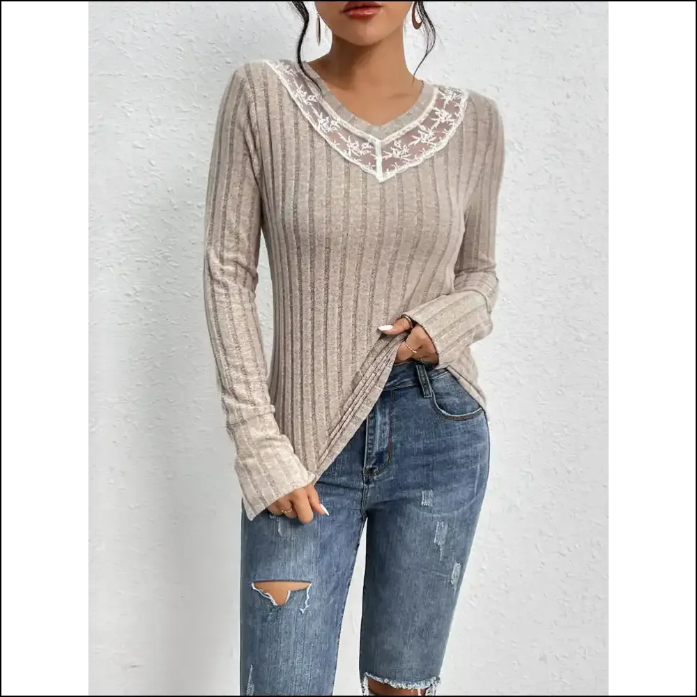 Perfee Lace Detail Ribbed V-Neck Long Sleeve Top
