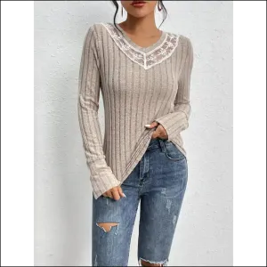Perfee Lace Detail Ribbed V-Neck Long Sleeve Top