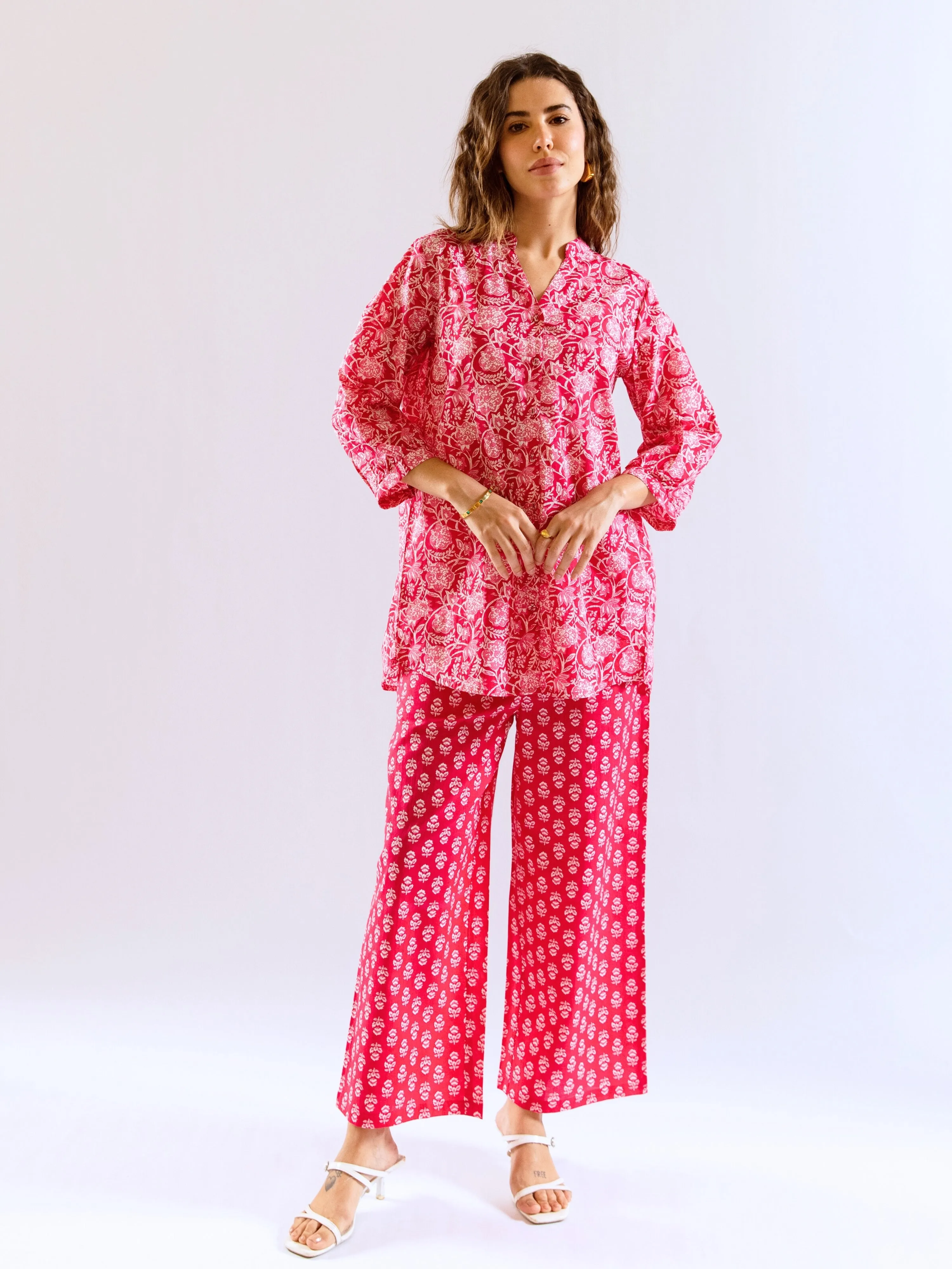 Pink Peony Chill Pure Cotton Back Pleated Co-ord set