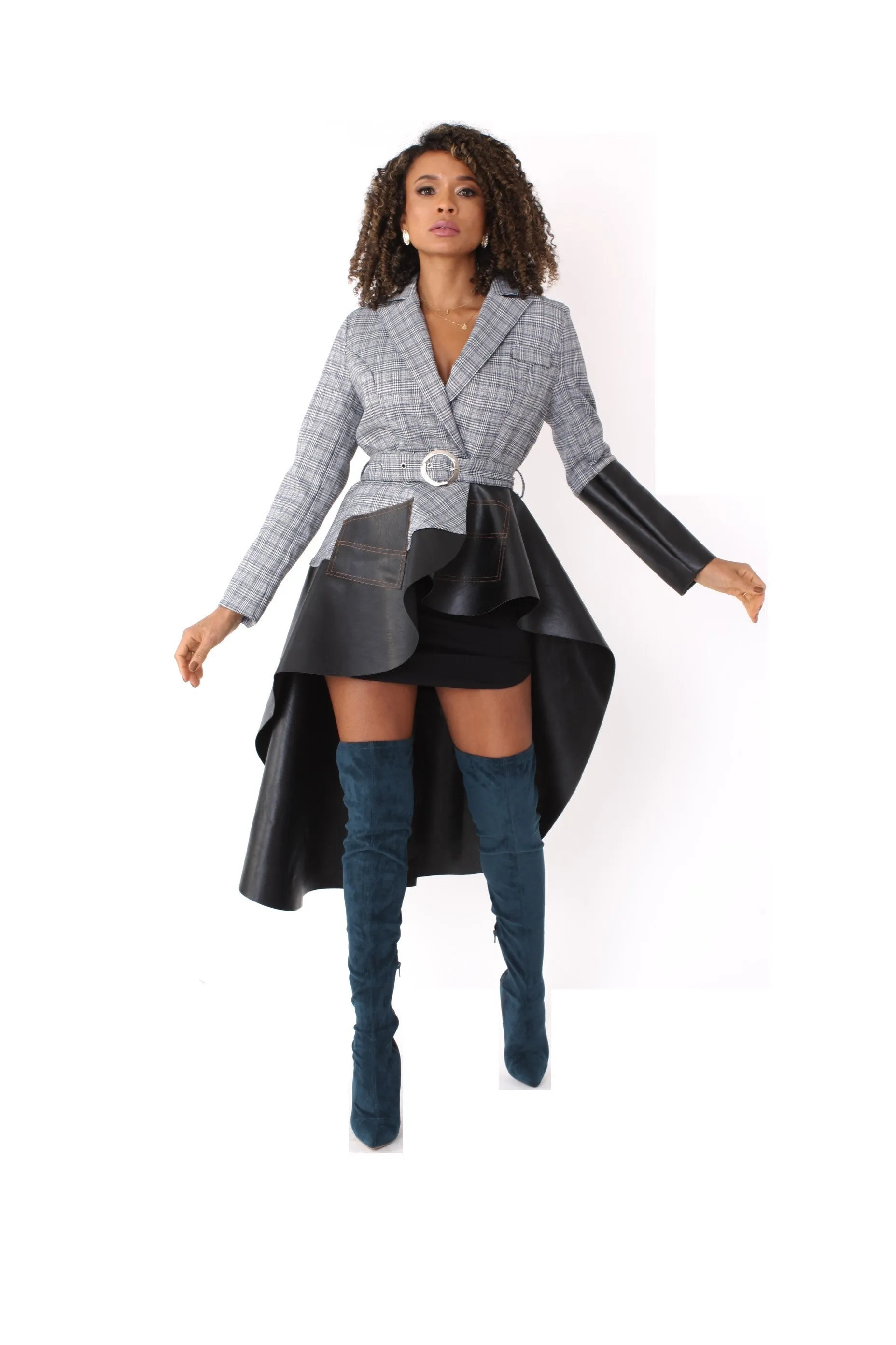 Plaid High-Low Blazer with Leather -82018