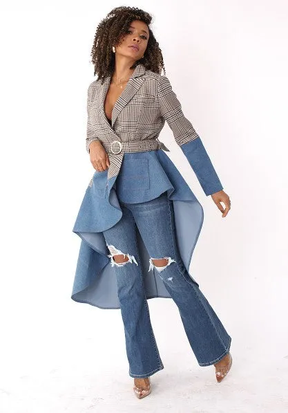 Plaid High-Low Blazer with Leather -82018