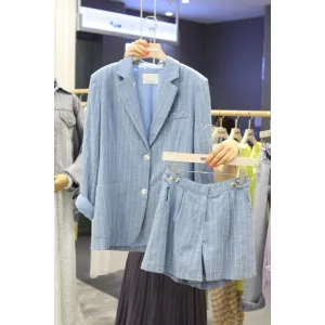 Plus size Korean Striped Thin Cotton Linen Suits Jackets Women Clothing Shorts Blazer Two-piece Sets Female