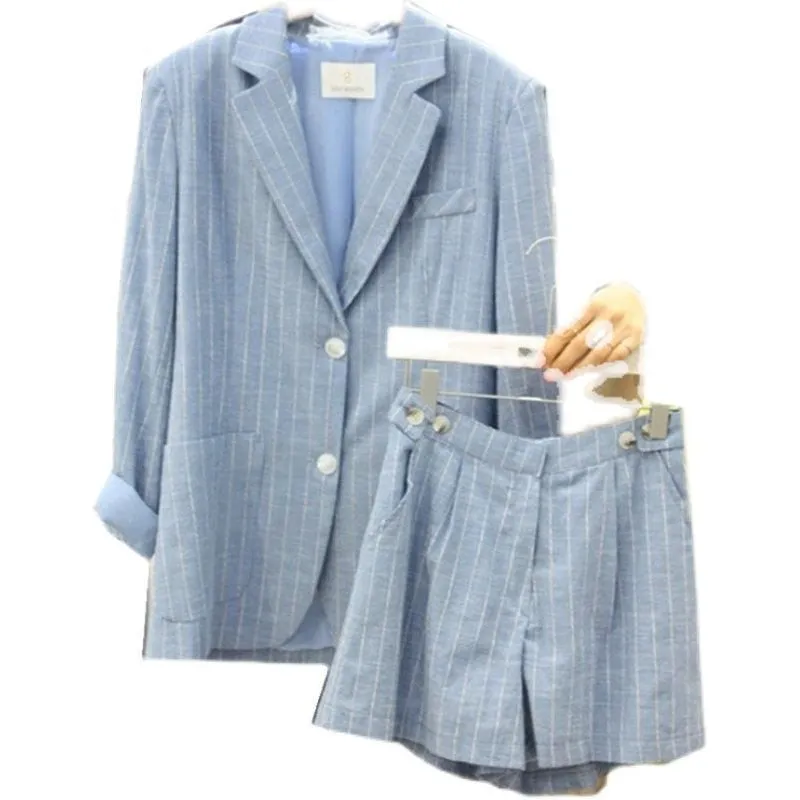 Plus size Korean Striped Thin Cotton Linen Suits Jackets Women Clothing Shorts Blazer Two-piece Sets Female