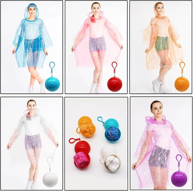 Portable Disposable Emergency Raincoat 8 Pack Waterproof Raincoats in Keychain Ball, Rain Ponchos with Hood for Traveling Camping Outdoor