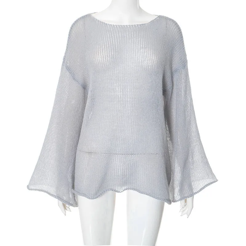 REALAIOT  Sanhu Lianjiang F24TP348 2025 women's clothing cross-border perspective wool knitted shirt sexy thin long-sleeved loose top wholesale
