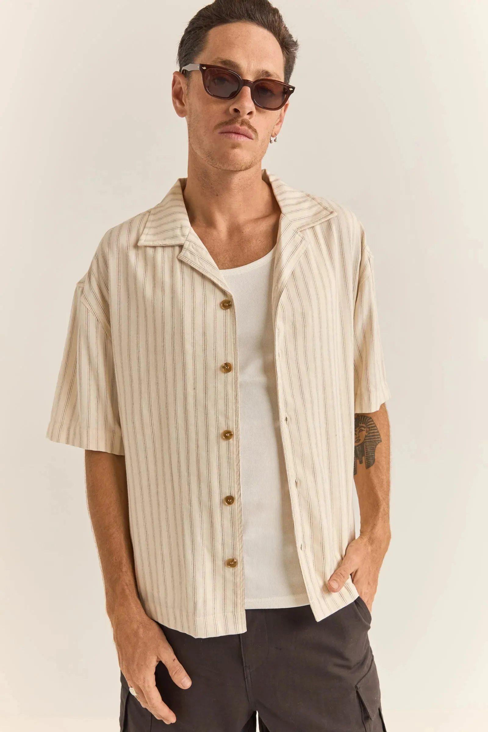 Relaxed Stripe Ss Shirt - Natural