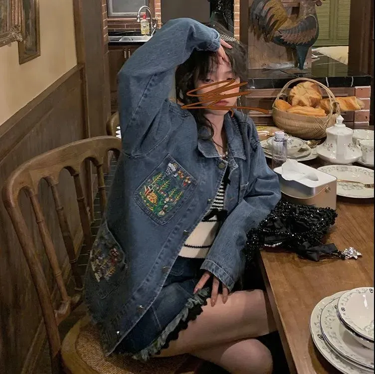 Retro Loose Embroidered Denim Jacket Women's 2022 Spring New Style Lazy Style Thin Mid-length Jacket Top Trend