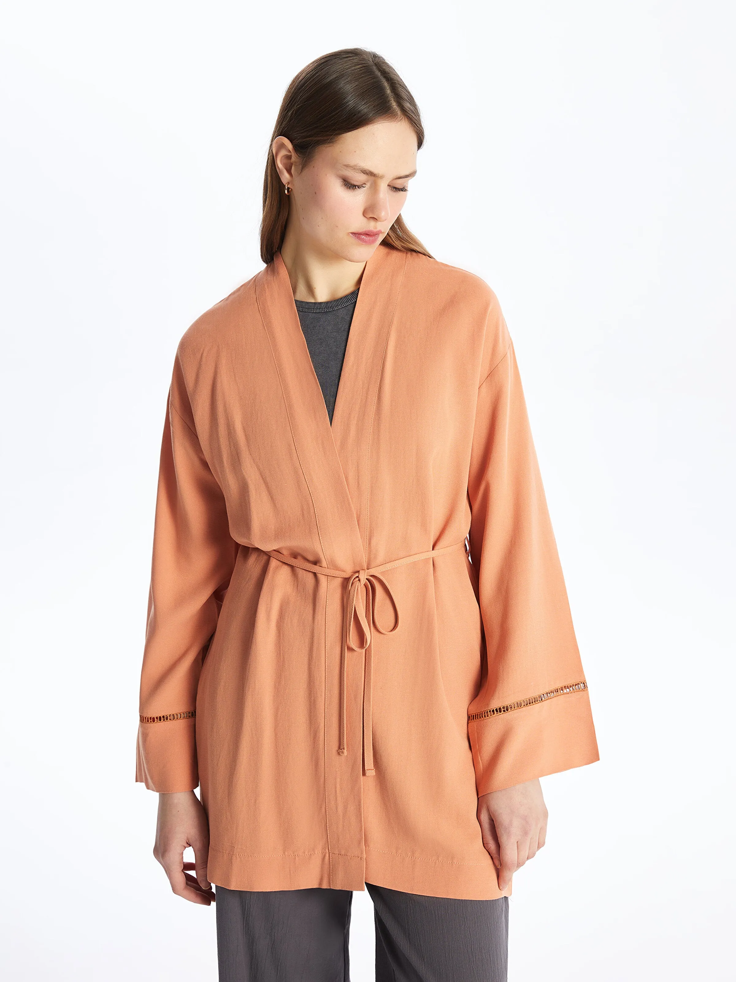 Shawl Collar Plain Long Sleeve Linen Blend Oversize Women Kimono