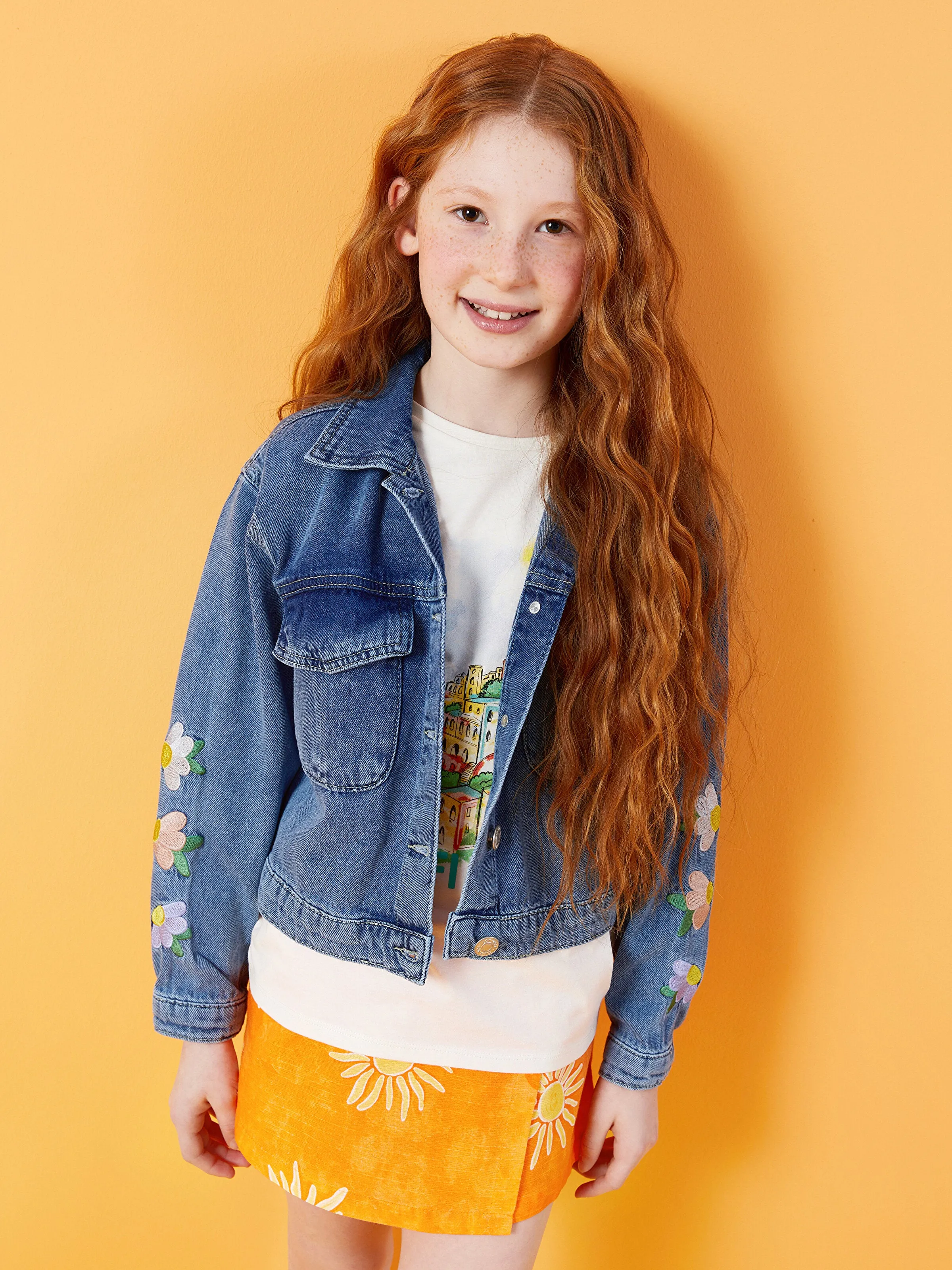 Shirt Collar Embroidered Girls Jean Jacket