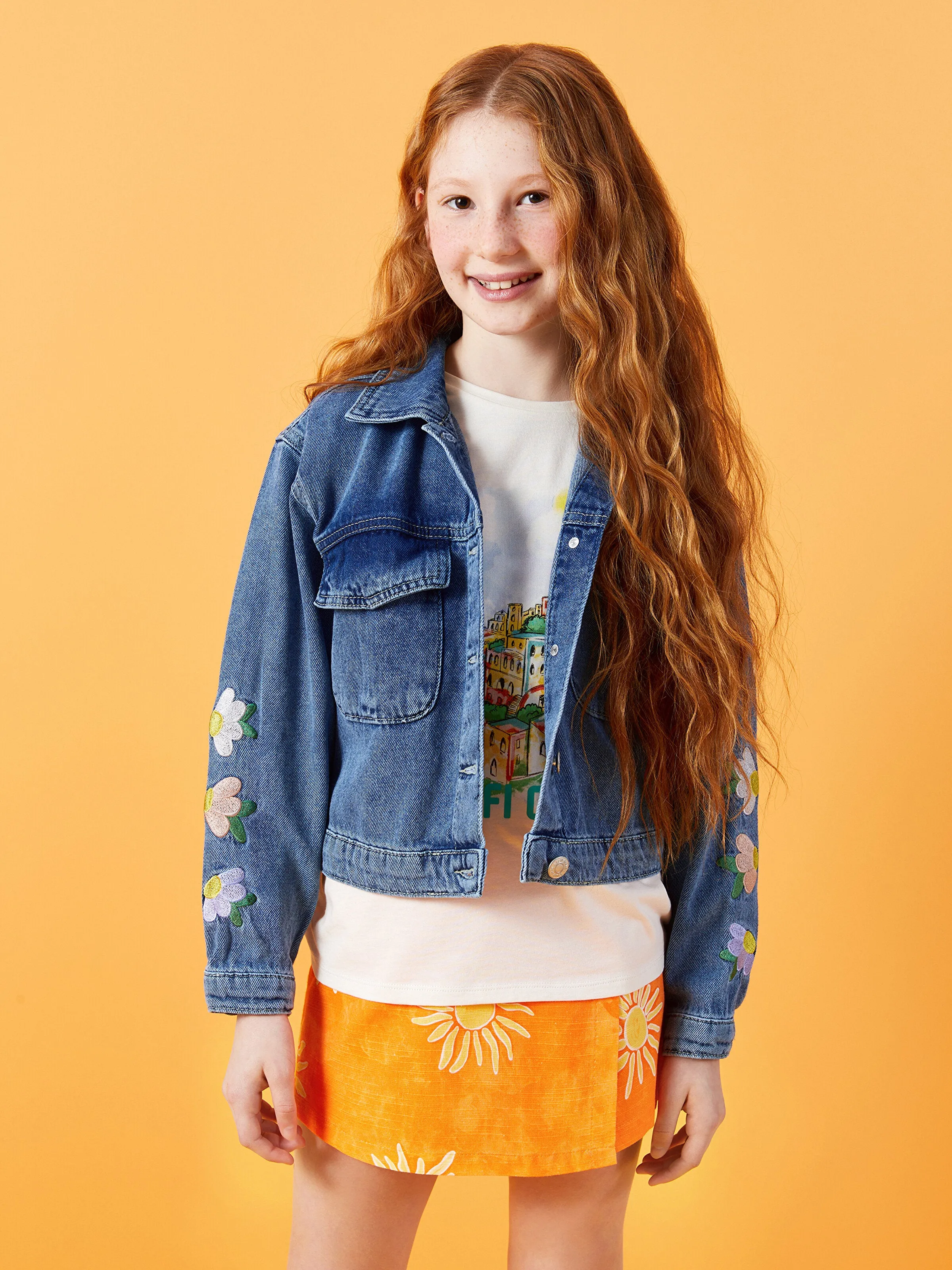 Shirt Collar Embroidered Girls Jean Jacket