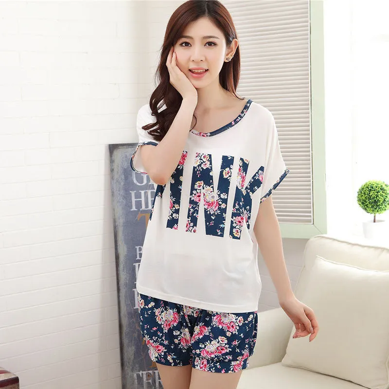 Silk Flowers Pink Short Sleeved Lace Spliced White Shorts Pajamas Home Clothing