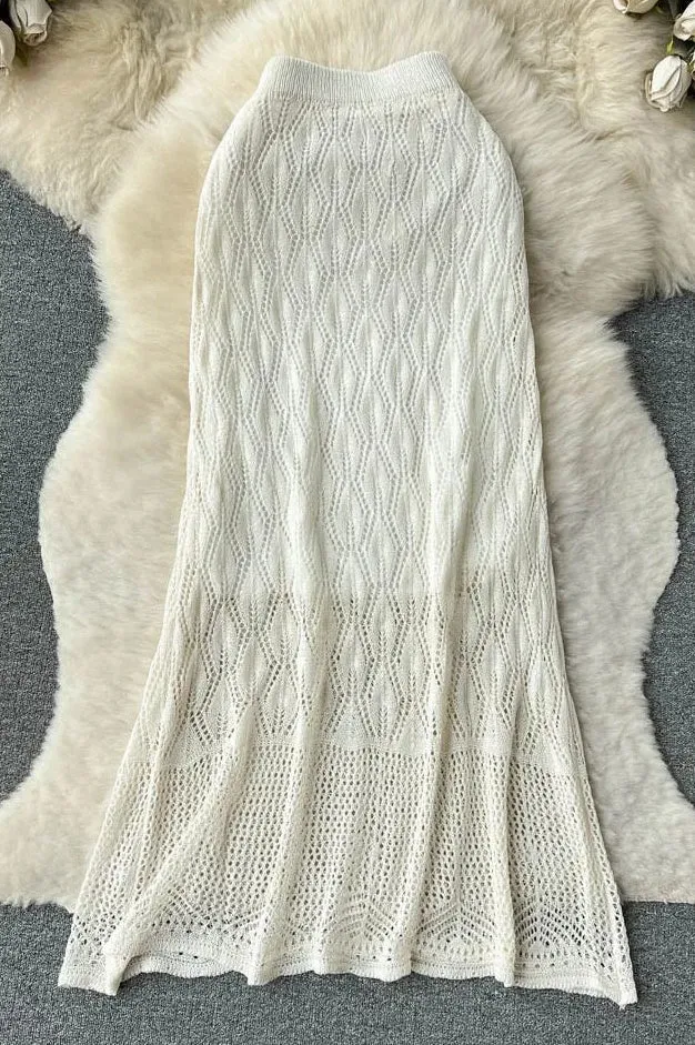 Skirts Solid Hollow Out Knitted Long Skirts Package Hips Skirts